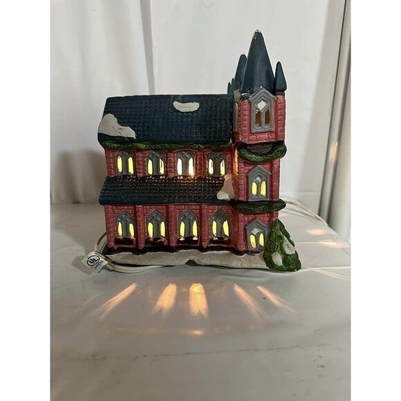 Vintage Christmas Village Lighted Double Spire Porcelain Church Removable Co - Picture 5 of 8